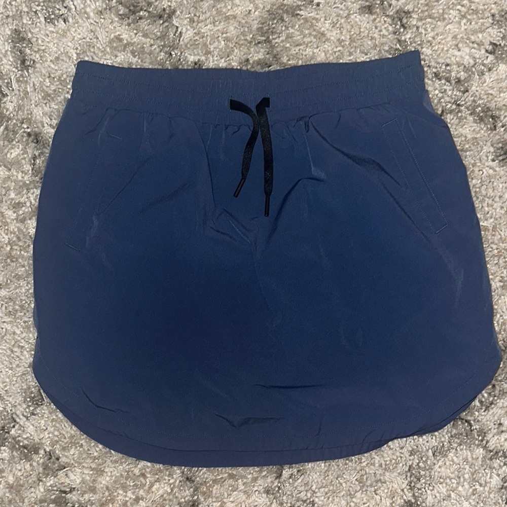 Womens Blue Drawstring Sport Skirt with Rounded Hem, Built-in Black Biker Shorts